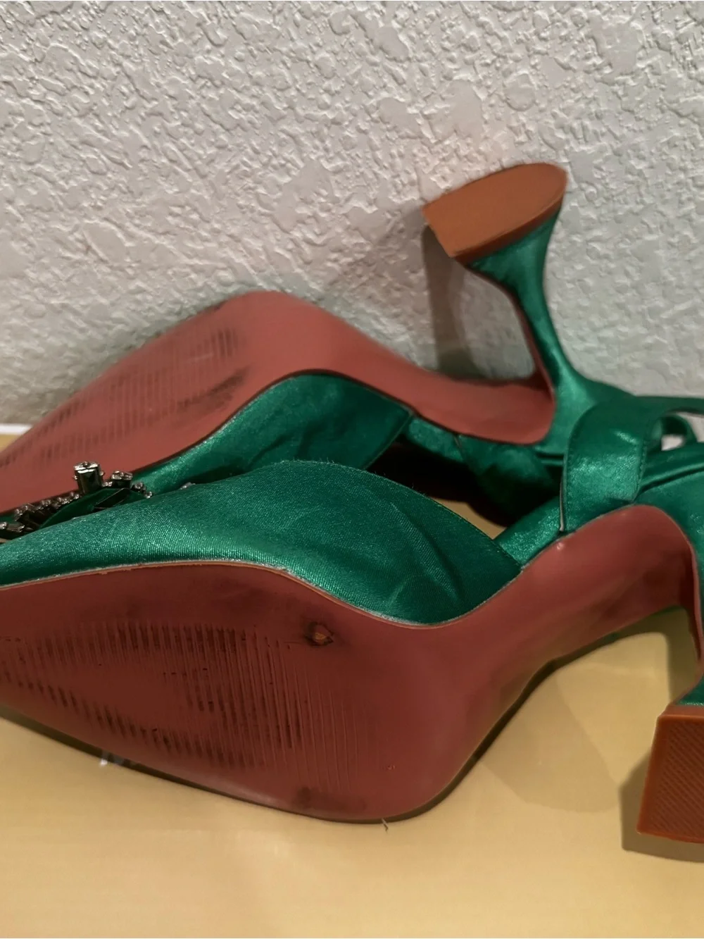 Emerald Satin Pointed Slingback Heels with Crystal Sunburst
